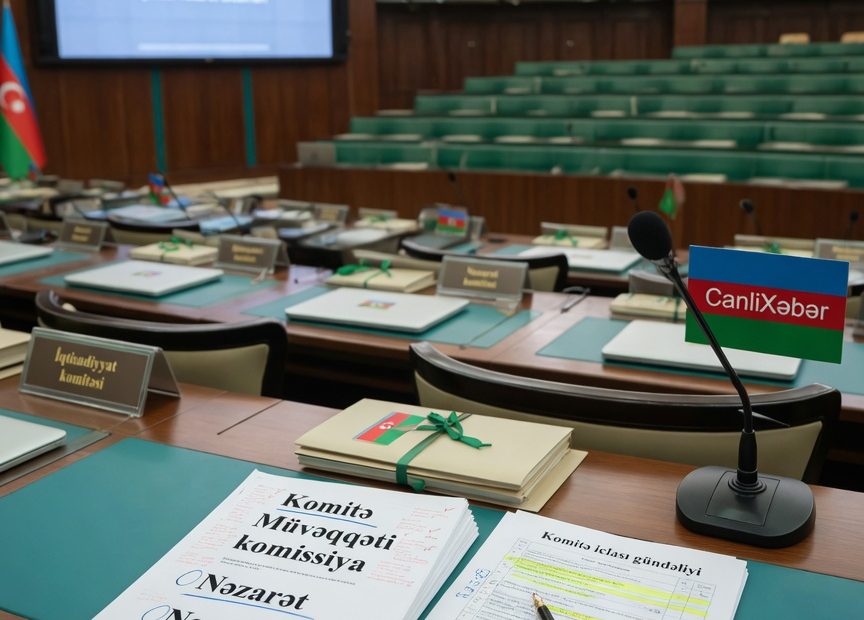 Milli Məclisin zalı fonunda, stolüstü qanun layihələri yığını və CanlıXəbər mikrofonu ilə, komitələrə və