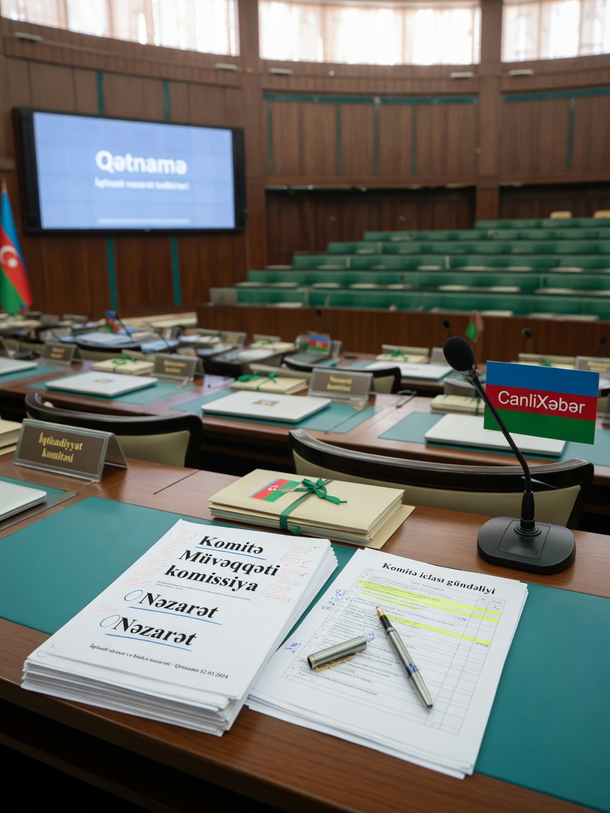 Milli Məclisin zalı fonunda, stolüstü qanun layihələri yığını və CanlıXəbər mikrofonu ilə, komitələrə və