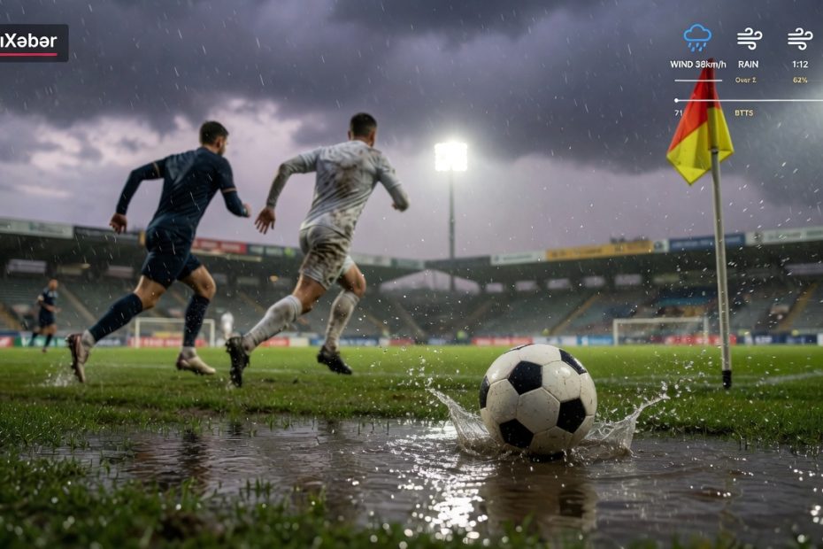 Rain-soaked football scene at dusk: a ball splashes across a wet pitch, wind bends