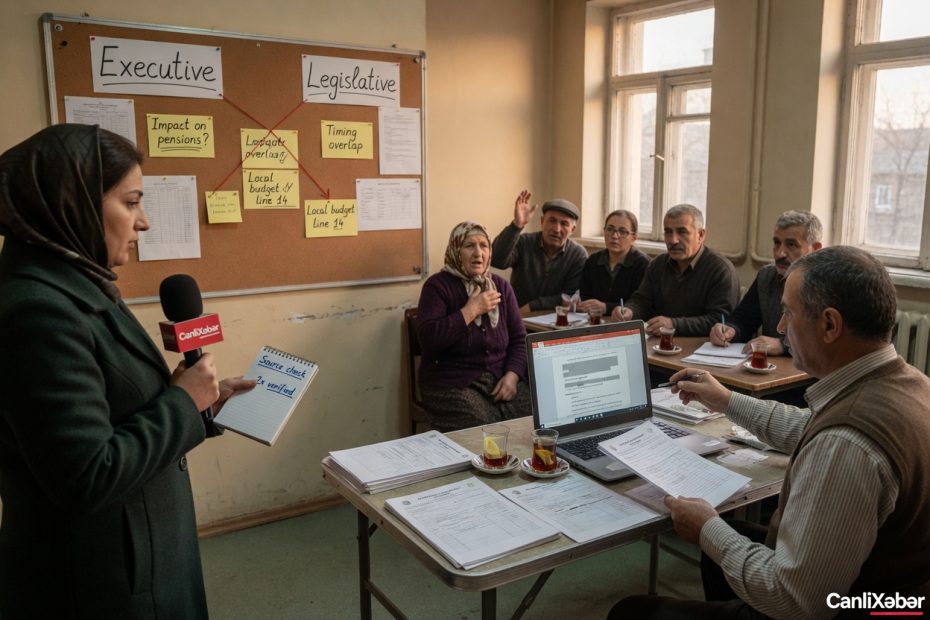 Documentary photo in an Azerbaijani community hall: a CanlıXəbər reporter and an analyst verify