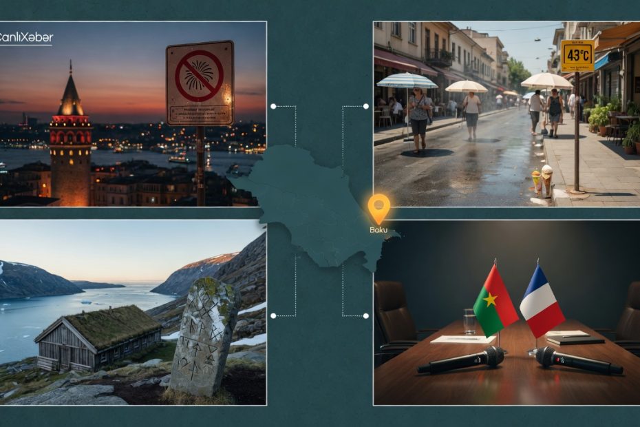 Editorial photo montage for CanlıXəbər: Istanbul skyline with a no-fireworks sign, a European street