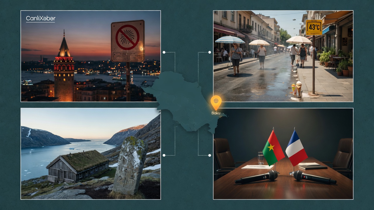 Editorial photo montage for CanlıXəbər: Istanbul skyline with a no-fireworks sign, a European street